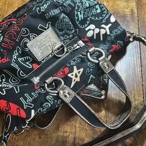 Coach Black Heart Graffiti Wristlet with Red, Teal & Cream Accents